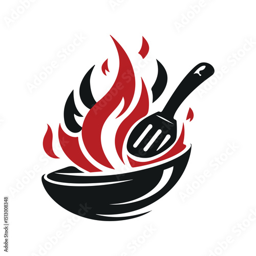 vector logo of a frying pan with rising flames and a spatula in motion