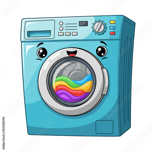 Cute Kawaii Washing Machine Illustration with Rainbow Clothes