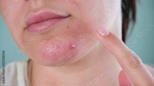 Purulent pimple on a woman's face.
