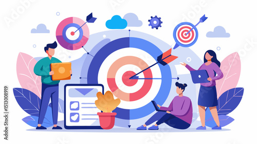 Illustration of team achieving business goals together