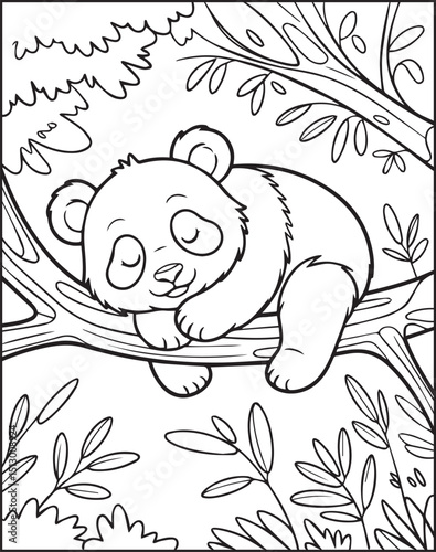 A cute panda sleeping on a tree branch black outline vector animal coloring page design for kids