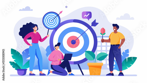 Team achieving goals with arrows and target illustration