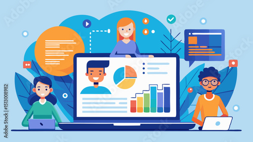 Illustration of a virtual team meeting on a laptop