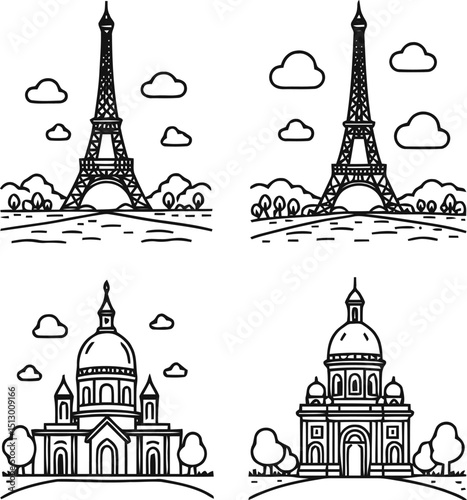 Paris cityscape line art illustration, featuring iconic landmarks such as the Eiffel Tower, Arc de Triomphe, Notre-Dame Cathedral, and Sacré-Cœur Basilica