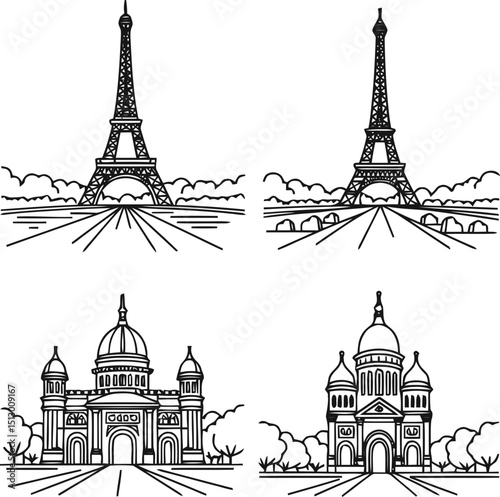Paris cityscape line art illustration, featuring iconic landmarks such as the Eiffel Tower, Arc de Triomphe, Notre-Dame Cathedral, and Sacré-Cœur Basilica