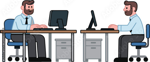 Illustration of Two Office Workers Collaborating at Desks with Computers  Professional Work Environment Graphic for Productivity and Teamwork SEO-Friendly Design