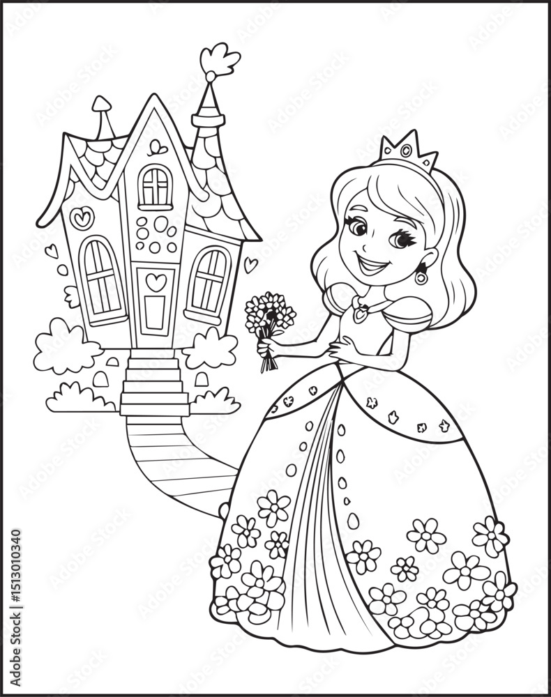 Cute princess girl wearing beautiful dress and standing in front of house vector line art coloring page for kids 