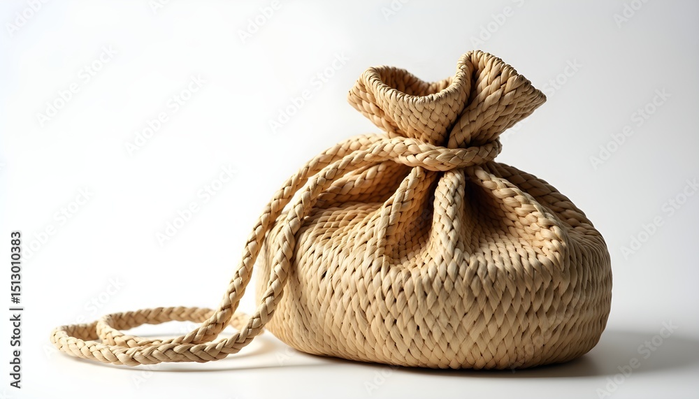 Fototapeta premium A small woven basket with a rope handle on a plain white background