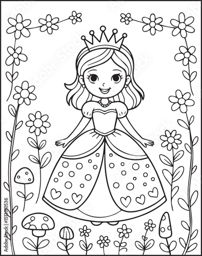 Cute princess girl wearing crown and beautiful dress on flower garden vector line art coloring page for kids 