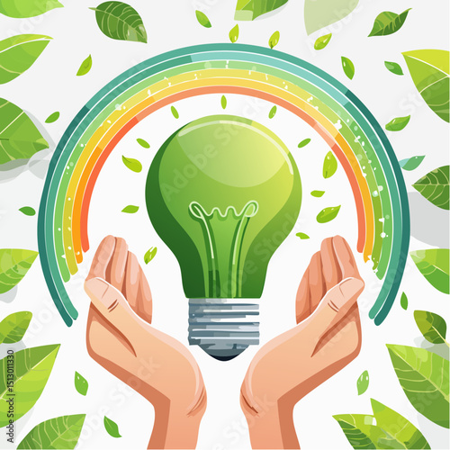 Vector illustration of eco-friendly lightbulbs under energy performance arcs.