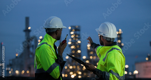  Two male engineers or technicians wearing white hard hats and high-visibility vests, working with digital tablet outdoors front of factory at night.