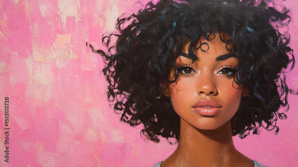 Fototapeta premium Stylized Portrait of a Young Woman with Voluminous Curls Against a Pink Brushstroke Background