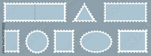 Set of blank Postage stamp frames. Postage frame form, vintage empty postcard stamp frame with perforated border, mail delivery sticker template, philately element. Vector stamps isolated set
