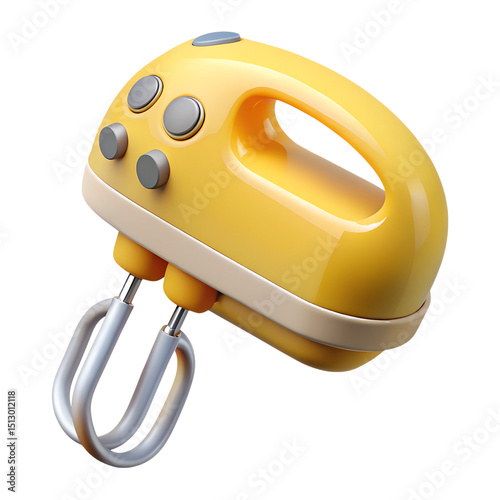 A vibrant 3d illustration of a yellow plastic hand mixer for baking and culinary projects