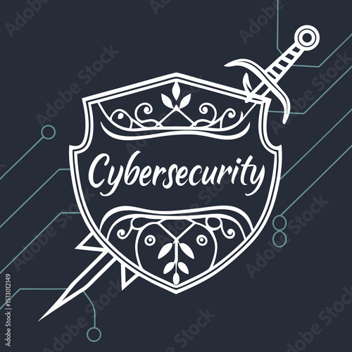 Cybersecurity Badge Vector Illustration with Dark Background and Gothic Shield Elements  