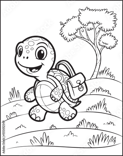 Turtle going with school bag sea animal coloring page line art black illustration for kids and toddler