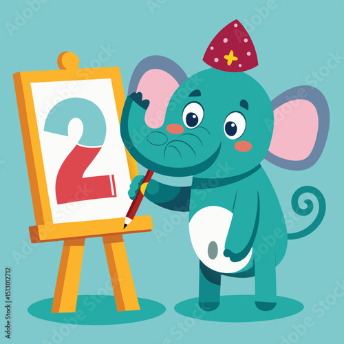 Little elephant painting numbers on canvas with trunk, creative education vector