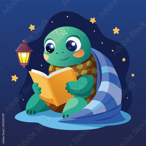 Turtle reading a bedtime story under blanket with night lamp, cute and calm vector style