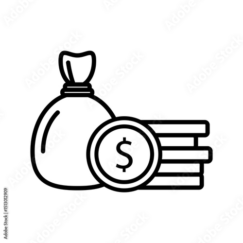 Wealth accumulation icon with dollar money bag on white background