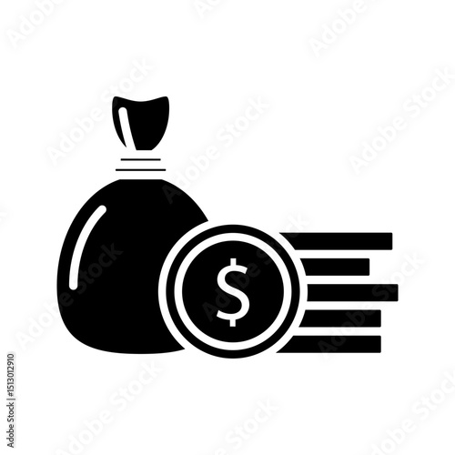 Wealth accumulation icon with dollar money bag on white background