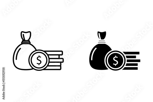 Wealth accumulation icon with dollar money bag on white background