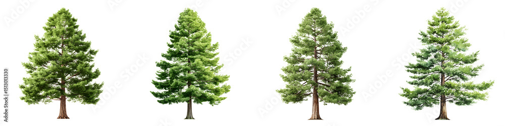 Obraz premium Varied pine tree illustrations showcasing seasonal changes in vibrant green hues, featuring detailed branches, bark textures, and realistic foliage ideal for educational or decorative purposes