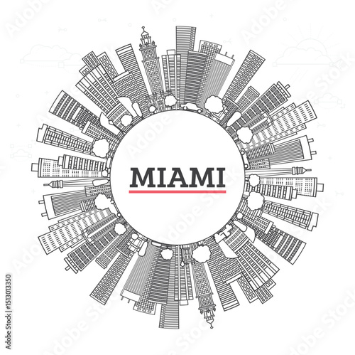 Outline Miami Florida City Skyline with Modern Buildings and copy space Isolated on White. Miami USA Cityscape with Landmarks.