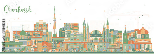 Cherkessk Russia city skyline with color buildings. Illustration. Cherkessk cityscape with landmarks. Business travel and tourism concept with modern and historic architecture.