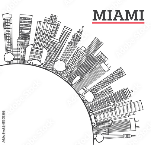 Outline Miami Florida City Skyline with Modern Buildings and copy space Isolated on White. Miami USA Cityscape with Landmarks.