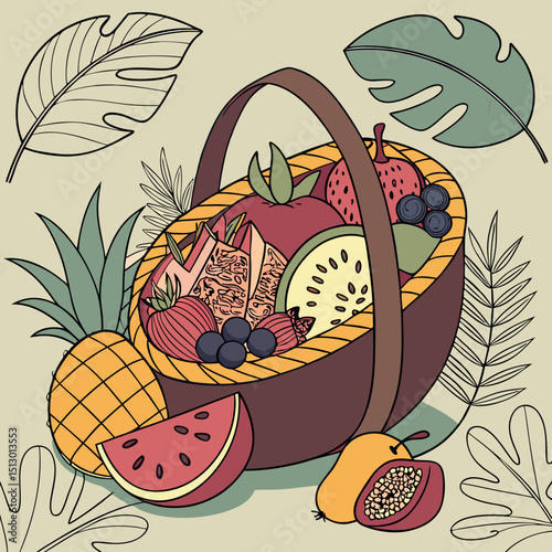 Maximalist Overflowing Fruit Vector Illustration with Apples Berries and Energetic Composition  