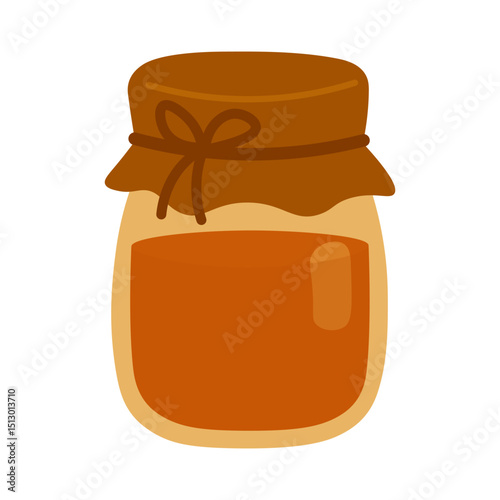 Vector illustration of a closed glass jar filled with jam or honey, decorated with a brown fabric lid, isolated on white.