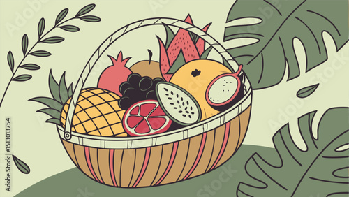 Lush Leafy Background Vector Design of a Vibrant Fruit Basket with Detailed Exotic Fruits  