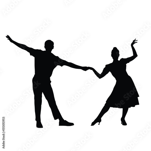 Silhouette of a dancing couple in mid-motion, holding hands with joyful and energetic poses.