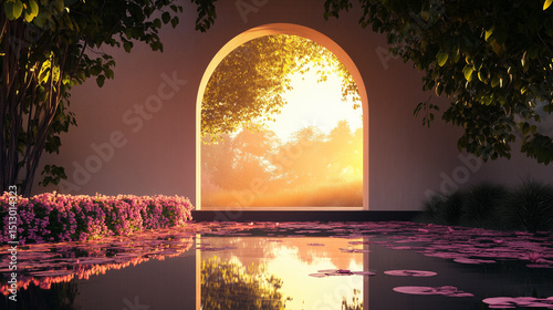 Golden Sunset Shining Through Arched Window with Reflections on Calm Water, Surrounded by Pink Flowers, Green Trees, and Tranquil Natural Scenery Creating a Peaceful and Dreamlike Atmosphere