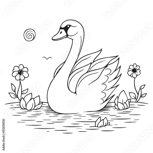 Graceful Swan Swimming in Pond with Flowers Coloring Page Design