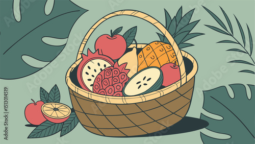 Overflowing Fruit Basket Vector Art with Lush Background Featuring Mango Berries and Apples  