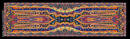 Royal Black Digital Dupatta Design – Multicolor Print with Traditional Paisley, Ornamental Borders and Indian Textile Patterns