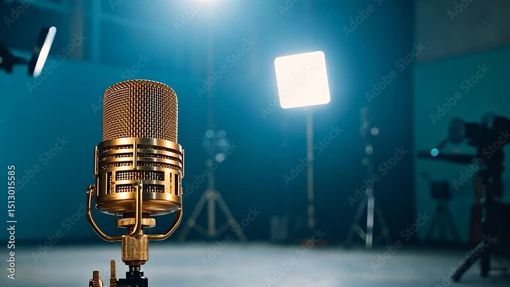 Golden microphone in recording studio with cameras and lighting for professional audio and video production