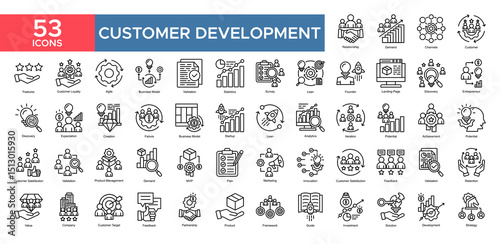 Customer Development collection set. Relationship, Demand , Chanel, Customer , Customer Loyality, Aglie , Business Model, statistics, icon. Simple outline vector illustration
