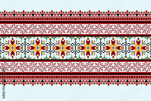 Geometric pixelated Arabic patterns on the fabric reflect the ornate and ethnicity,grid floral,grid colourful, backgrounds, seamless grid design for carpet,textile,textured,wallpaper,print,decorate