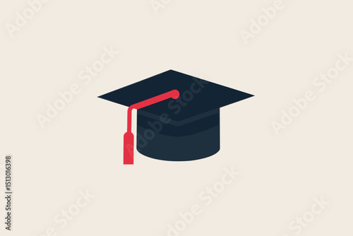 Dark Blue Graduation Cap with Red Tassel Isolated on Beige Background Academic Achievement Education Symbol