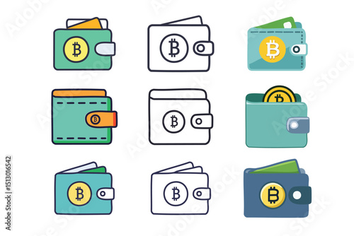 Crypto wallet icon with nine versions each featuring a bitcoin. Perfect for digital payment, technology, finance, cryptocurrency concepts.