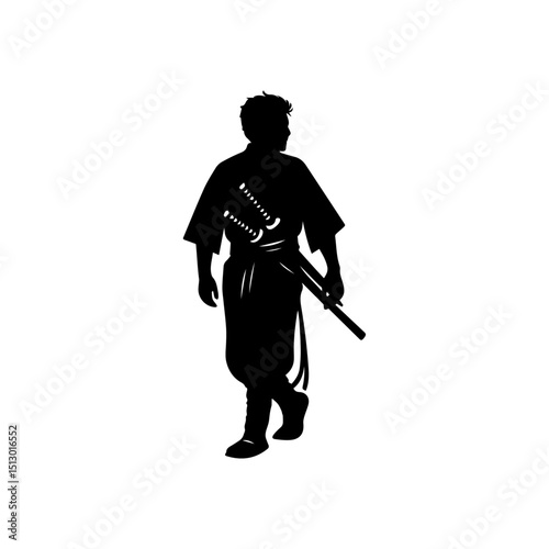 Illustration of samurai, ronin or japanese warrior silhouette standing in profile with two swords. Isolated in white background. Traditional warrior vector concept.