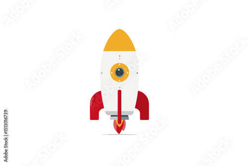 Vector Style Illustration of a Red and White Rocket Blasting off from a White Background with Yellow and Red Flames