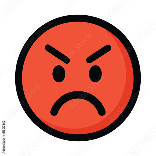 This image displays an angry face emoji icon. The emoji is a red circle with a black outline, featuring two black oval eyes, two black slanted eyebrows, and a black frowning mouth. 