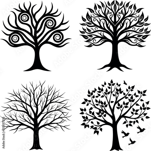 Set Of Four tree silhouettes in black and white vector Style.