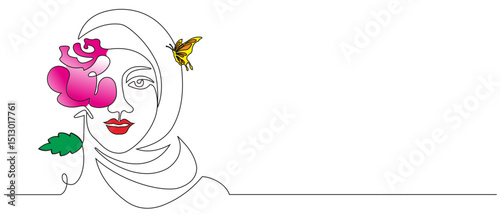 Trendy abstract single line hijab woman face with beautiful flowers and leaves. Continuous line print for posters, logos and more