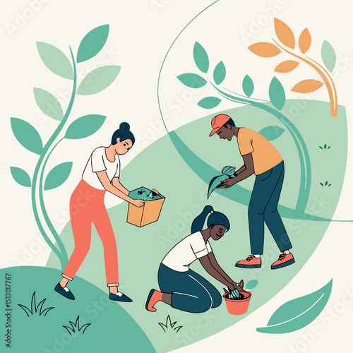 Uplifting Modern Vector Design of a Diverse Group in a Community Garden with Soft Background  