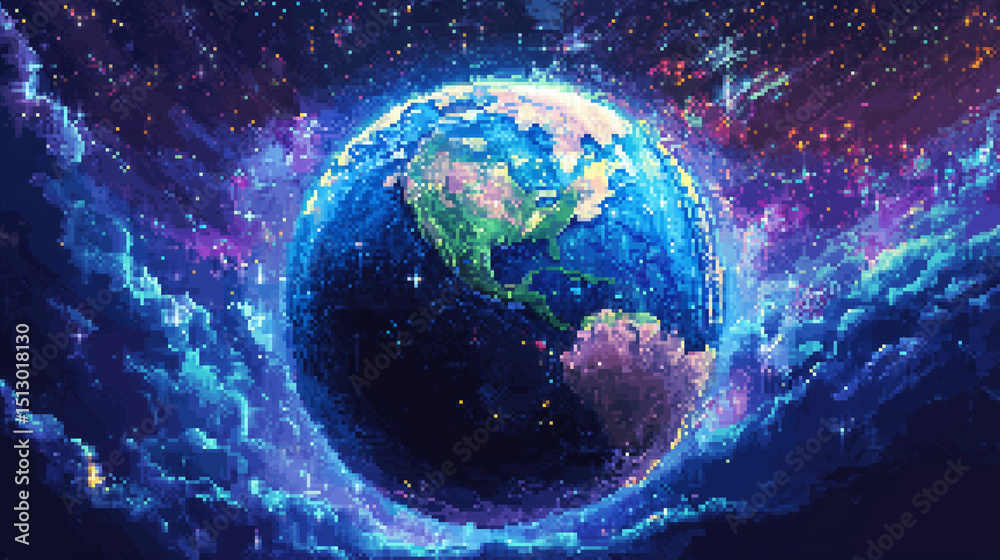 Obraz premium Vibrant Fantasy Earth in Space – Cosmic Digital Art of Planet Surrounded by Glowing Stars, Nebulae, and Colorful Galactic Clouds