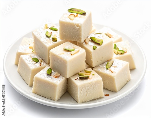 Milk powder barfi also known as Mava burfi isolated white background